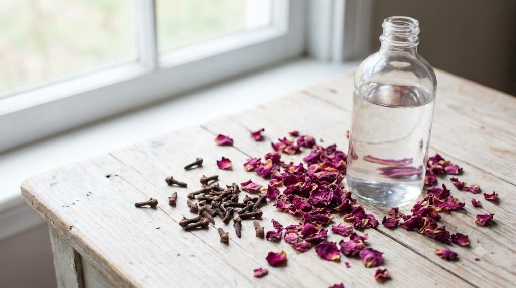 Ingredients for Clove and Rose Water Toner whole cloves dried rose petals and a bottle of rose water on a light backgrou