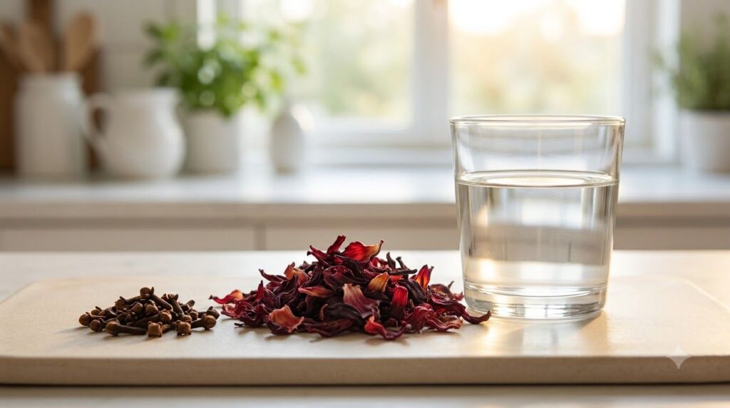 Ingredients for Clove and Hibiscus Toner whole cloves dried hibiscus flowers and a clear glass of distilled water on a b