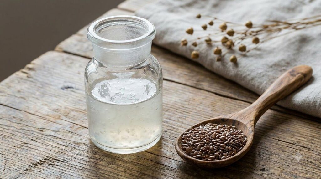 A small clear glass jar filled with a translucent slightly viscous flaxseed gel next to some whole flaxseeds in a wooden