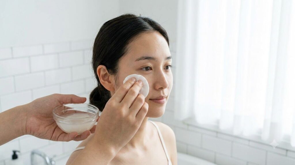 Hands gently massaging rice water onto a clean face with a cotton pad demonstrating the application of a facial toner in
