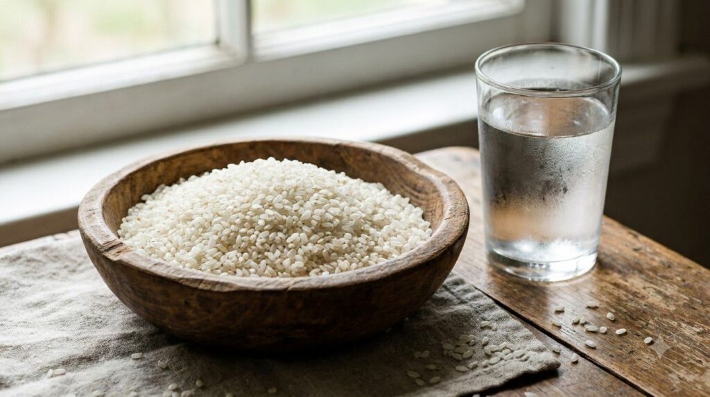 A close-up of dry white rice grains in a wooden bowl with a clear glass of filtered water next to it on a rustic wooden