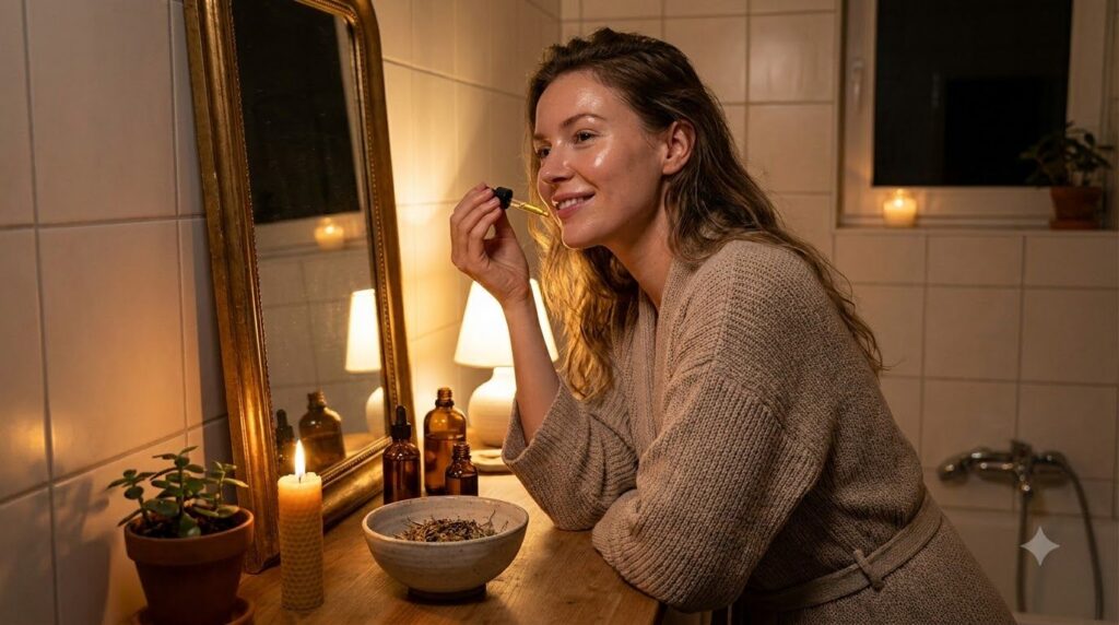 A woman applying a small amount of homemade oil infusion to her face with a dropper in a softly lit bathroom