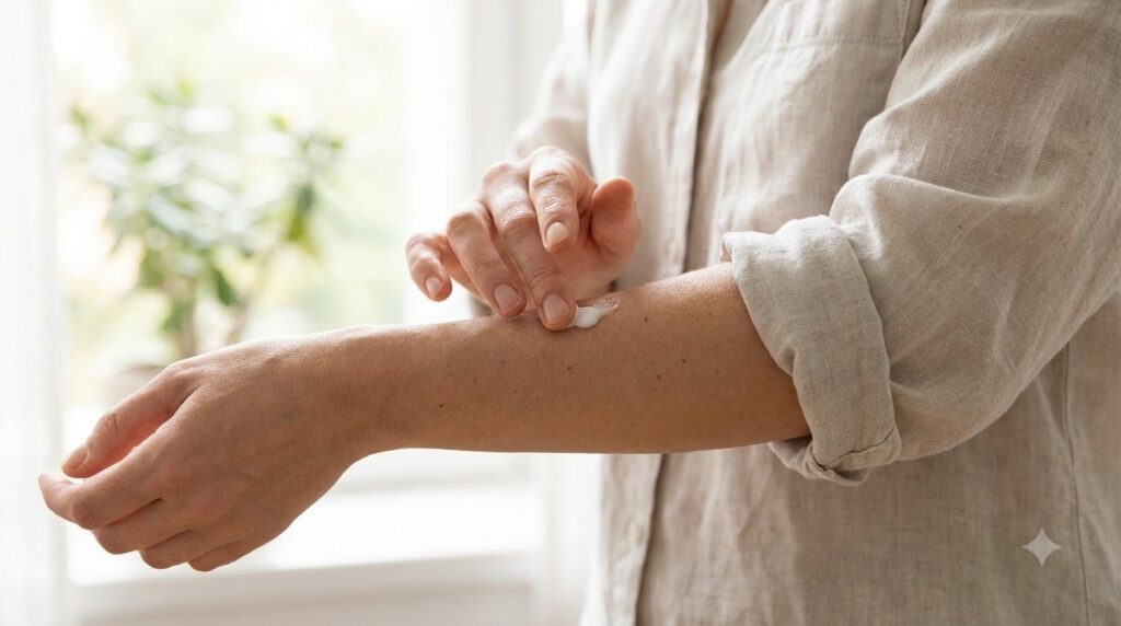A woman performing a patch test on her inner arm before applying a new product to her face