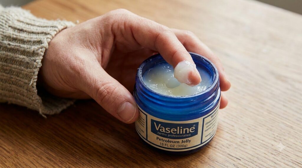 A close-up of a small amount of Vaseline being scooped from its jar with a finger illustrating the quantity to use