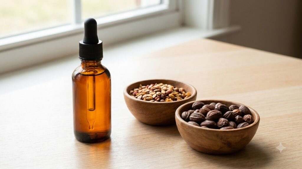 A dark glass dropper bottle filled with a golden-orange face oil placed next to a small bowl of rosehip seeds and dried