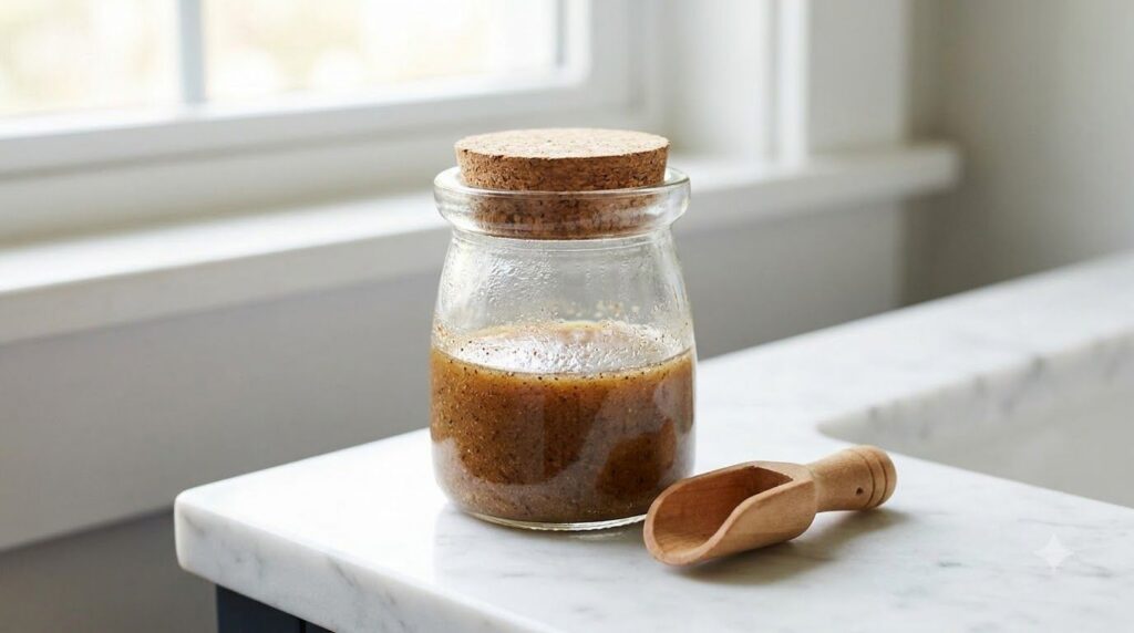 A small glass jar containing the freshly mixed DIY coffee and baby oil face cream with a spoon beside it on a clean bath