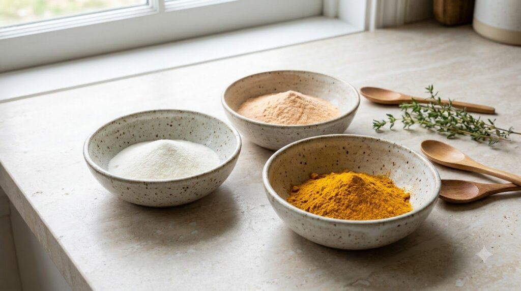 Close-up of three small bowls containing collagen powder acerola cherry powder and turmeric powder next to a spoon on a