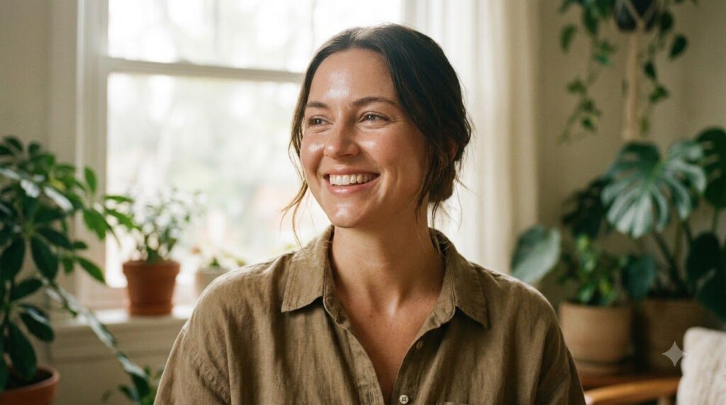 A glowing naturally radiant woman smiling confidently with soft healthy-looking skin suggesting results of the beauty dr