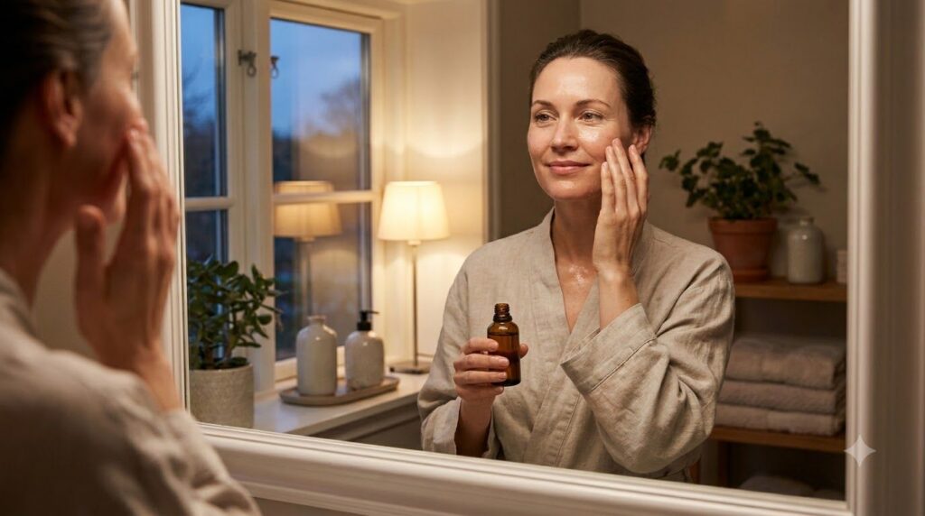 A woman gently massaging baby oil onto her face as part of her nightly skincare routine with a serene expression