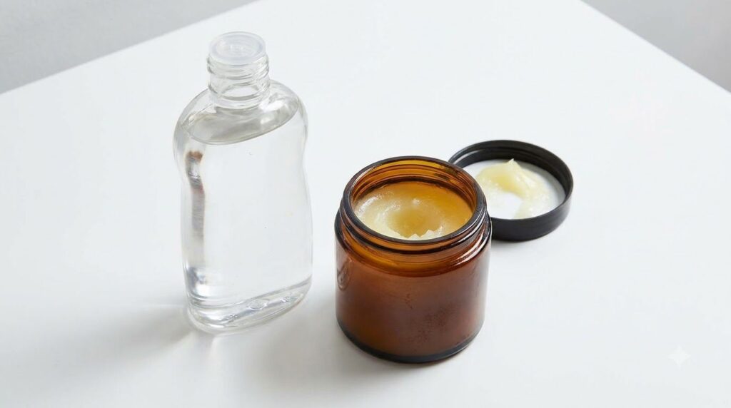 Close-up of a bottle of baby oil and a jar of Vaseline on a clean white surface ready for use
