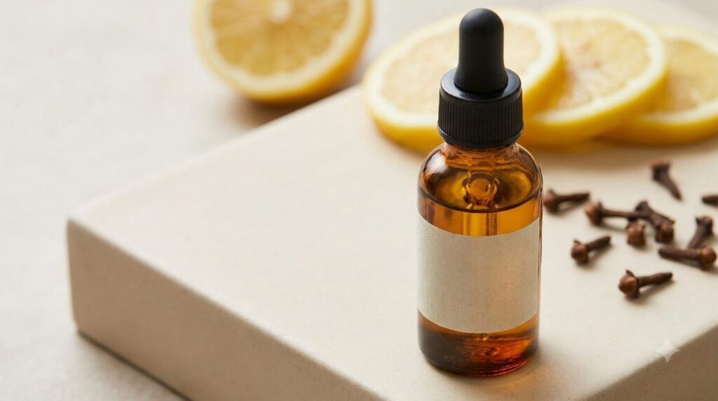 A small amber glass dropper bottle filled with golden infused oil next to a fresh lemon slice and a few dried cloves