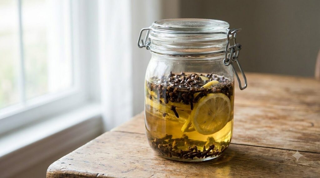 A clear glass jar filled with dried cloves lemon slices and baby oil sealed with a lid