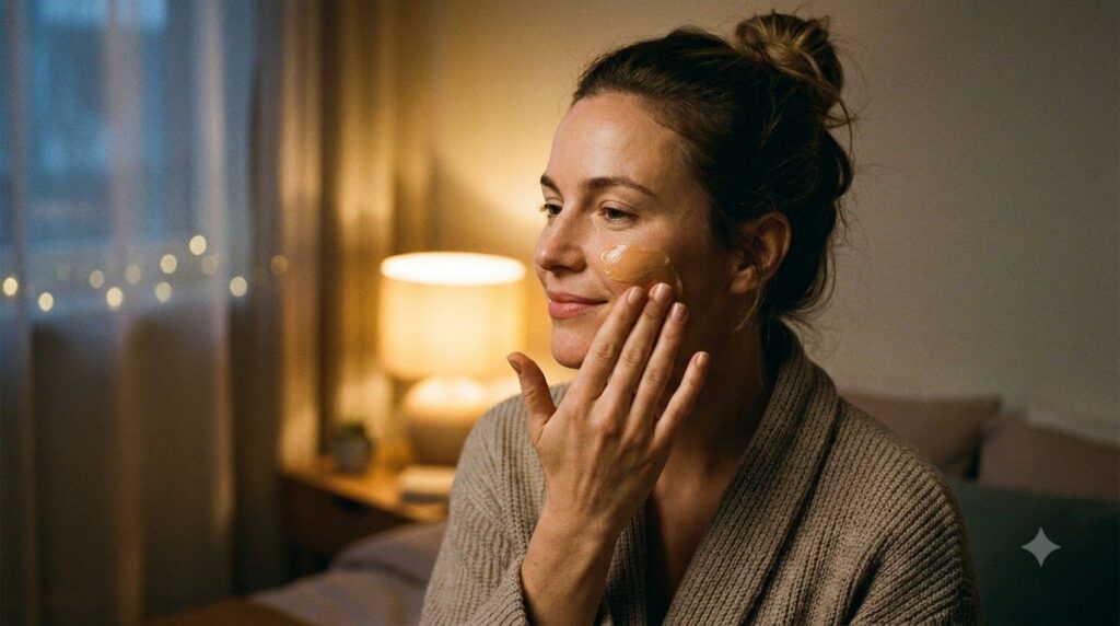 A woman gently massaging a small amount of the golden balm onto her face at night with a soft warm glow in the backgroun