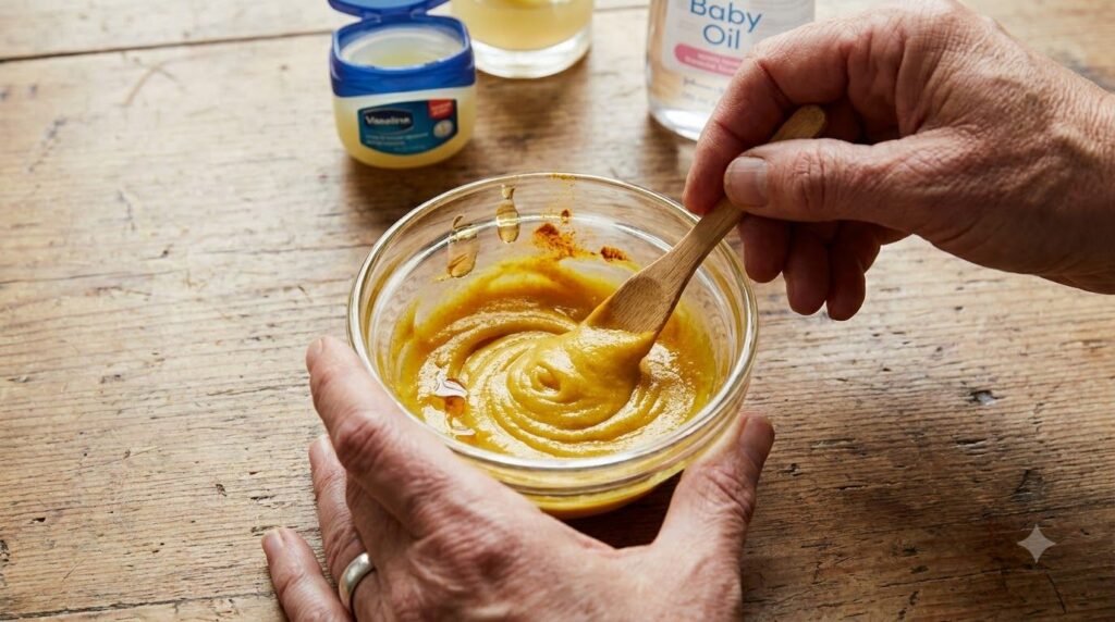 Close-up shot of hands mixing honey turmeric lemon juice baby oil and Vaseline in a small glass bowl with a tiny spatula