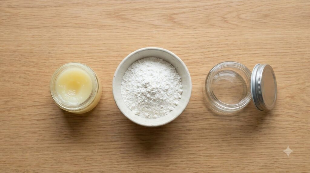 A small glass jar of Vaseline petroleum jelly next to a small bowl of fine white rice powder and an empty small containe