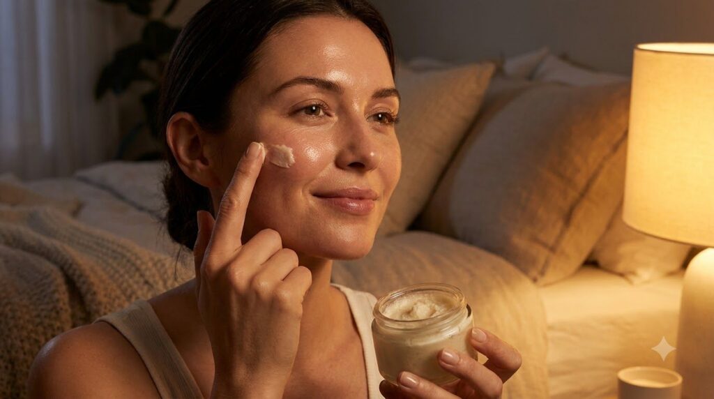 A woman gently applying a small amount of the Vaseline rice powder balm to her cheek at night with a soft focus on her r