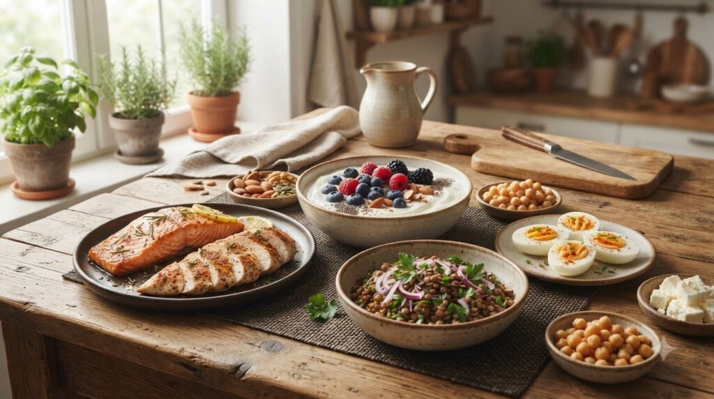 A variety of healthy protein-rich foods laid out on a kitchen counter including eggs grilled chicken salmon Greek yogurt