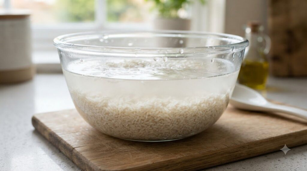 Close up of uncooked rice soaking in a bowl of water turning cloudy