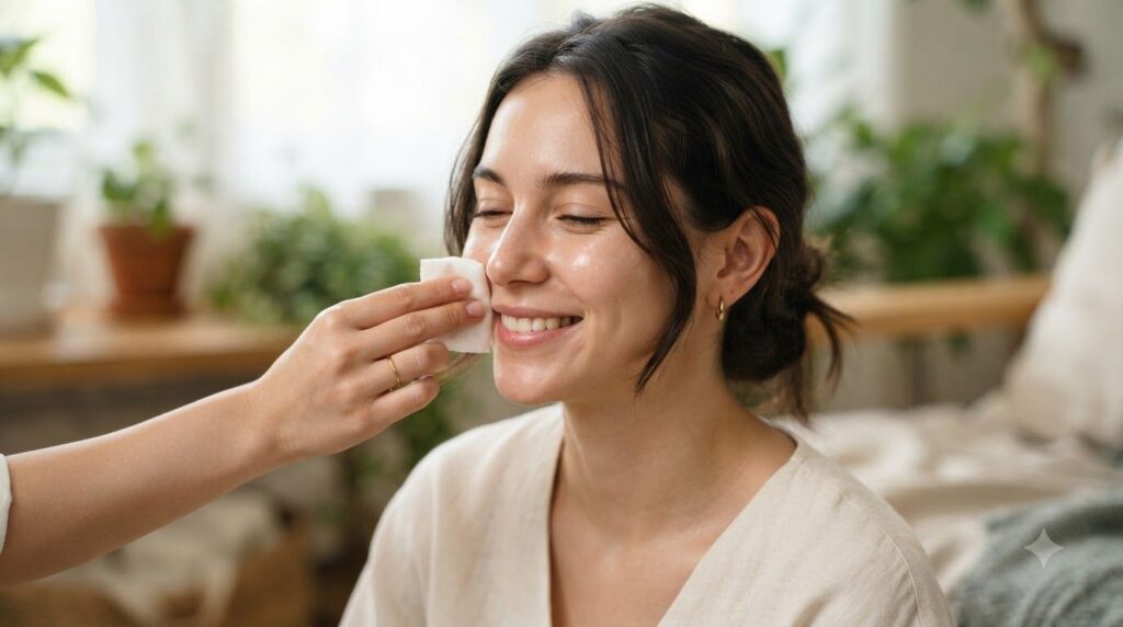 A hand holding a cotton pad gently applying rice water to a woman s cheek