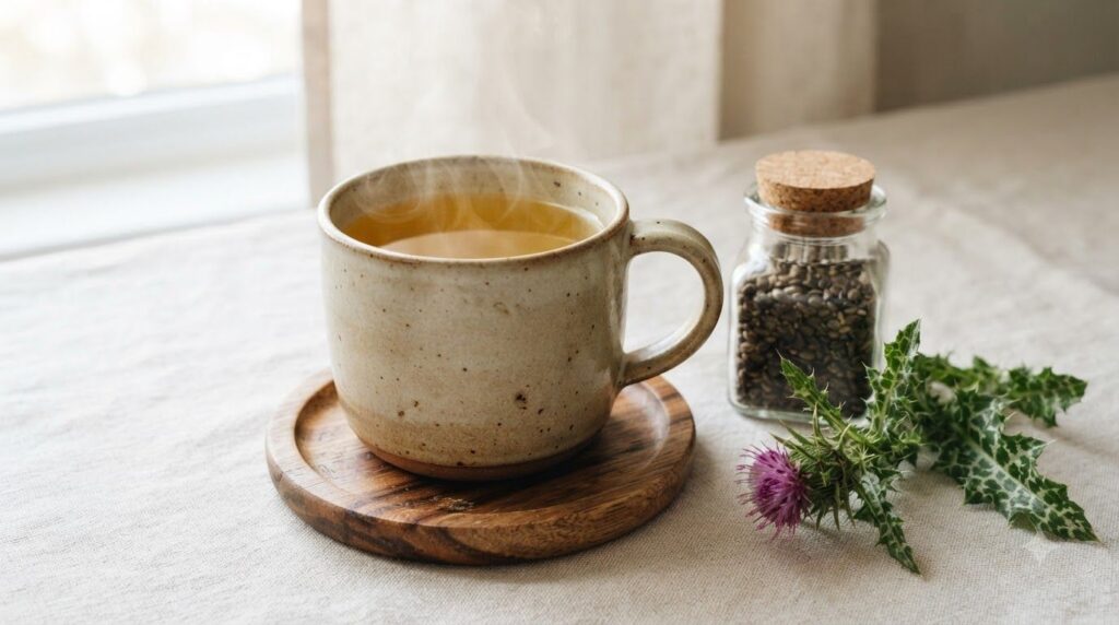 A steaming mug of golden-hued milk thistle tea on a wooden coaster next to a small glass jar of dried milk thistle seeds