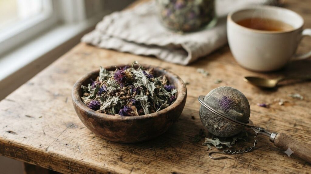 A close-up of dried milk thistle leaves and purple flowers in a small wooden bowl with a tea infuser nearby on a rustic 