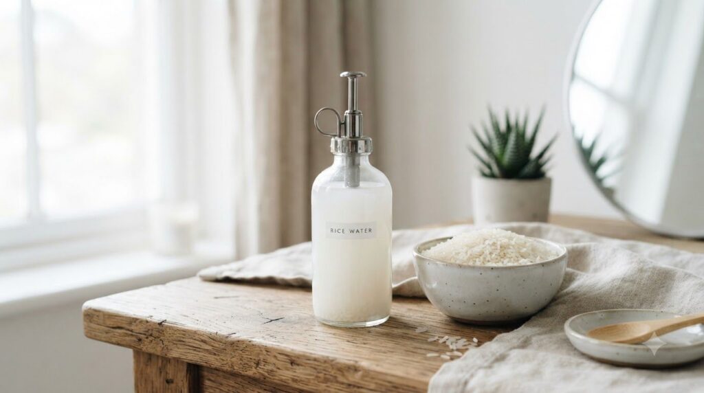A glass spray bottle filled with milky white rice water standing on a wooden vanity beside a small ceramic bowl of white