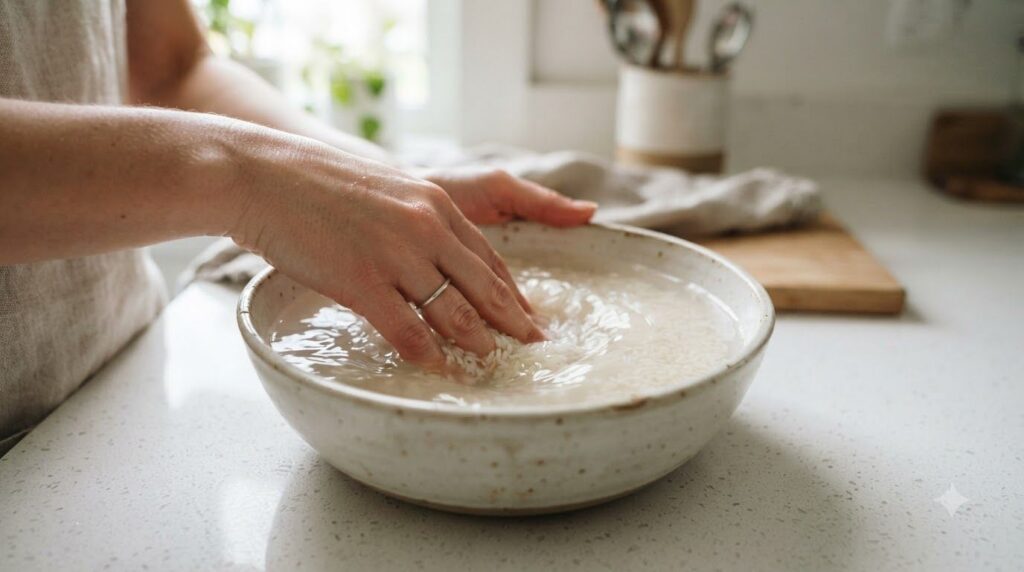 Close-up shot of a bowl with white rice soaking in clear water with hands gently swirling the rice The background is a c