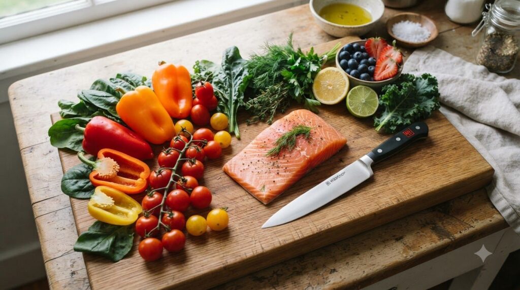 A variety of healthy fresh ingredients like colorful vegetables fruits and lean protein arranged neatly on a wooden cutt