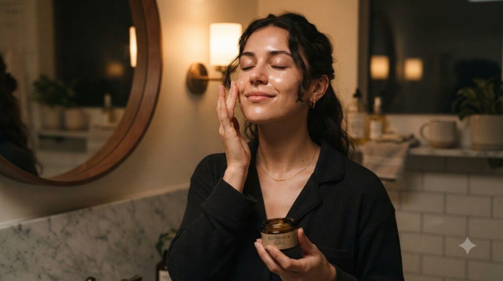 A woman gently massaging a small amount of the baby oil and Vaseline blend onto her face at night showing careful applic