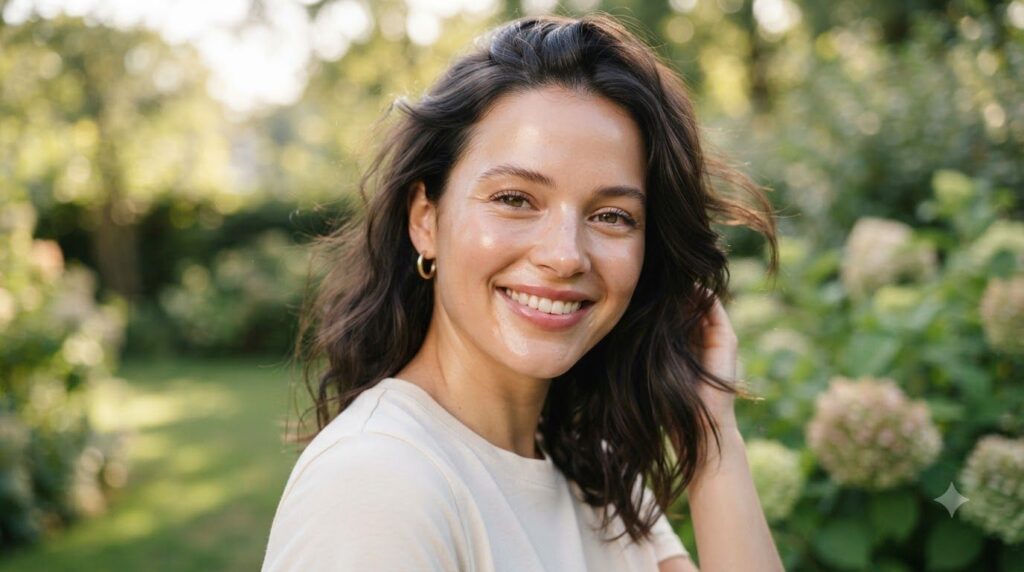 A radiant woman with smooth hydrated-looking skin showcasing the potential results of consistent skin care possibly appe