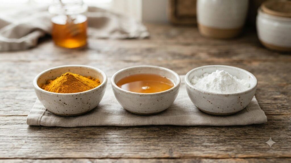 Three small bowls on a wooden surface each containing one ingredient a vibrant yellow turmeric powder a clear amber liqu