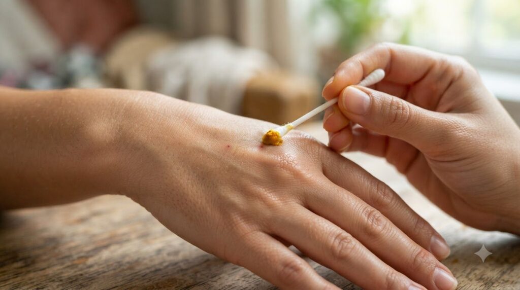 A person s hand with a small amount of yellow-orange paste being applied gently to a tiny spot on the back of their hand