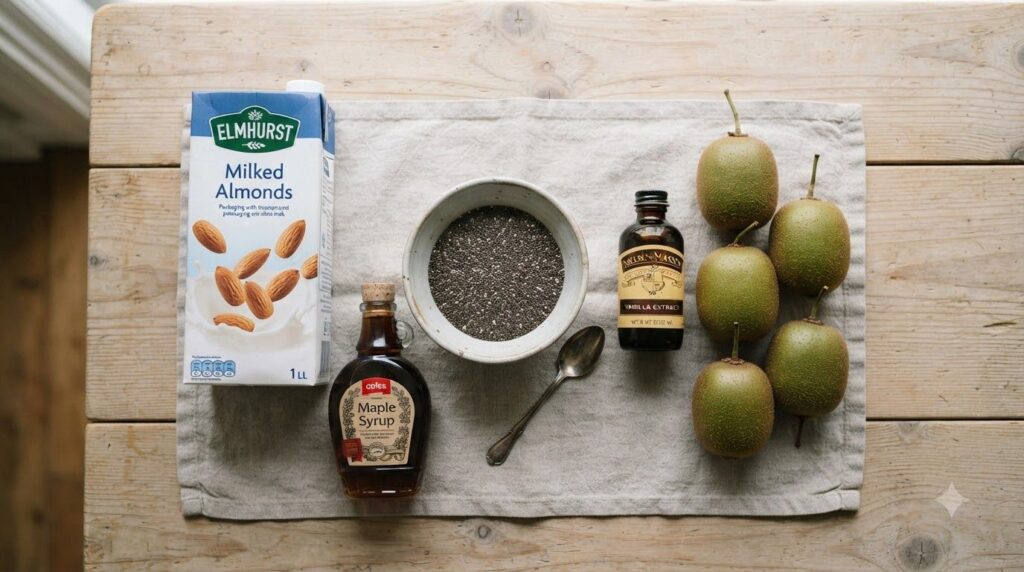 A variety of ingredients for chia pudding laid out on a clean surface chia seeds a bottle of plant-based milk maple syru