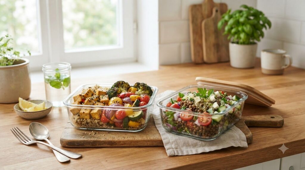 A vibrant colorful meal prep scene featuring separate containers with diverse plant-based meals One container holds bake