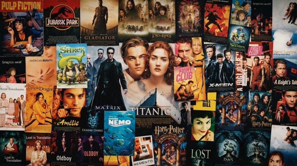 A montage of iconic classic Hollywood movie posters from the 90s and early 2000s