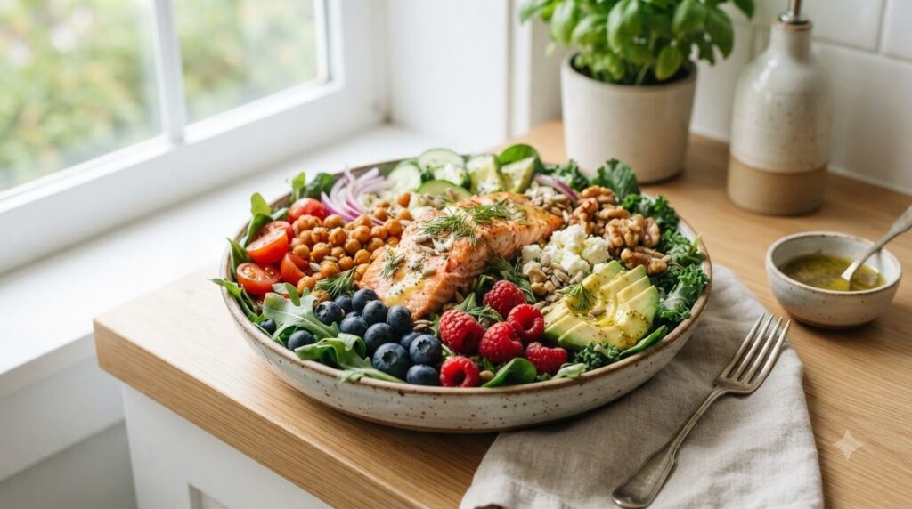 A vibrant colorful bowl featuring a variety of the healthy foods mentioned in the article such as blueberries spinach sa