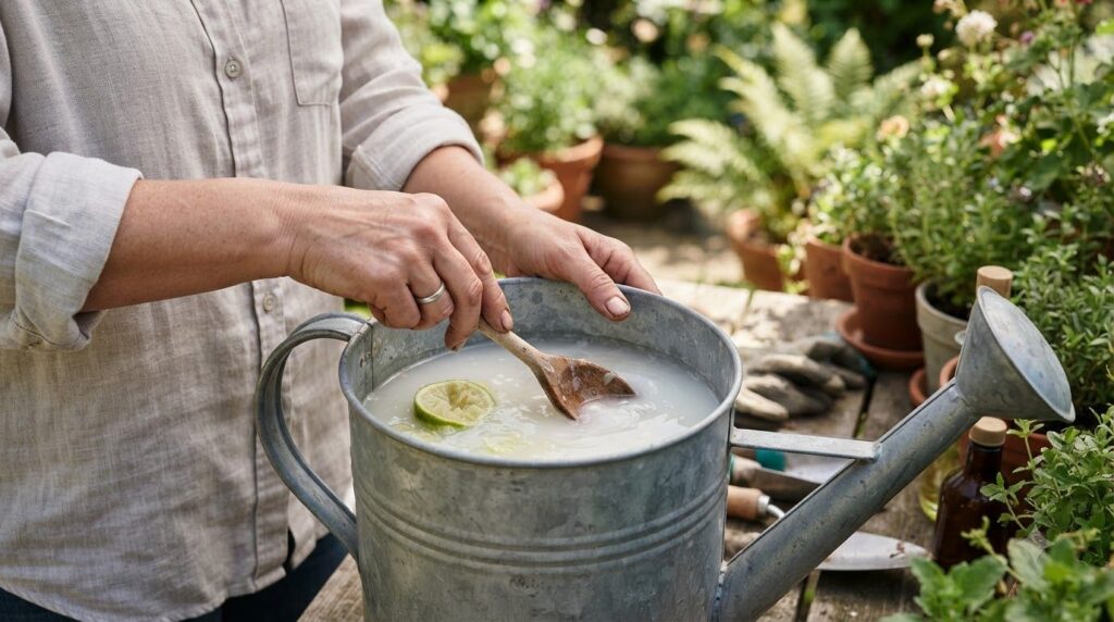 A gardener s hands mixing milk water and a squeezed lime wedge in a large watering can Various healthy potted plants are