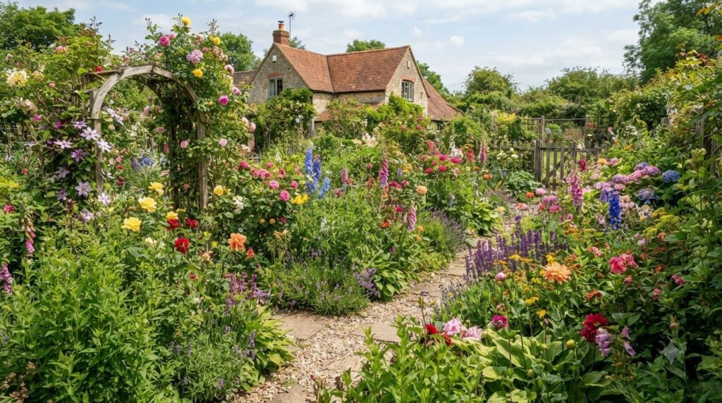 A vibrant healthy garden with various flourishing plants showing strong stems green leaves and colorful blooms illustrat
