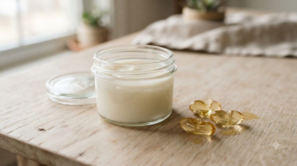 A small clean jar containing the finished enriched Vaseline blend looking smooth and creamy with a few empty golden oil 