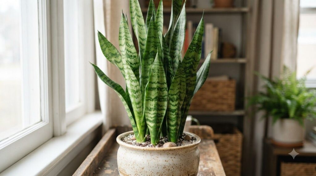 A healthy thriving snake plant with deep green upright leaves in a decorative pot placed in a bright indoor setting