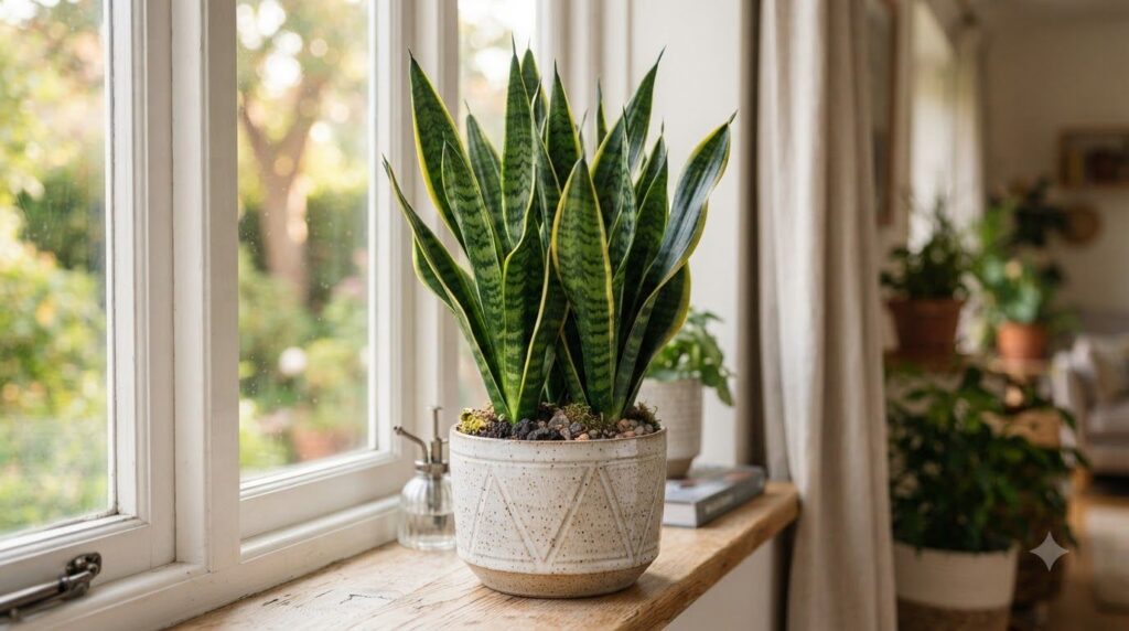 A healthy vibrant snake plant with tall dark green leaves in a stylish indoor planter sitting on a brightly lit windowsi