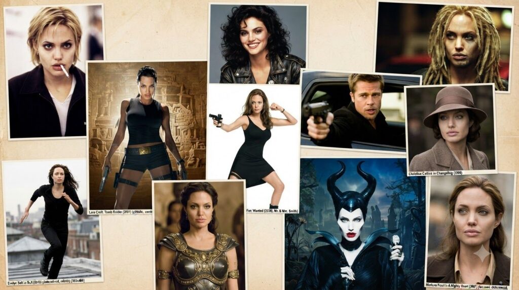 A collage of iconic roles of Angelina Jolie throughout her career showing her evolution from early films to action hero