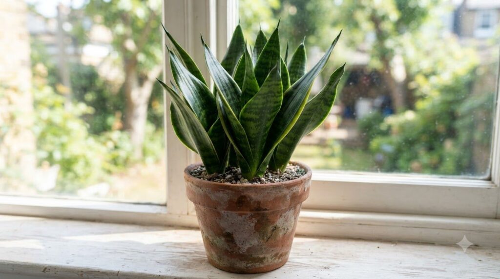 A vibrant healthy snake plant with glossy green leaves sitting in a terracotta pot on a sunny windowsill showcasing the