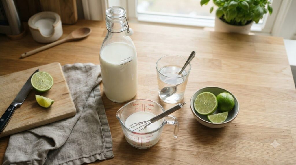Ingredients for the Root Doctor recipe laid out on a clean surface a bottle of milk a glass of water and a freshly cut l