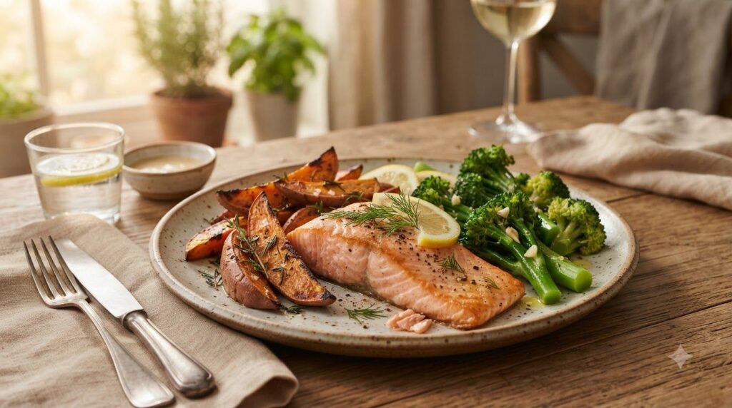 A balanced plate featuring cooked salmon roasted sweet potatoes and a side of steamed broccoli illustrating a wholesome 