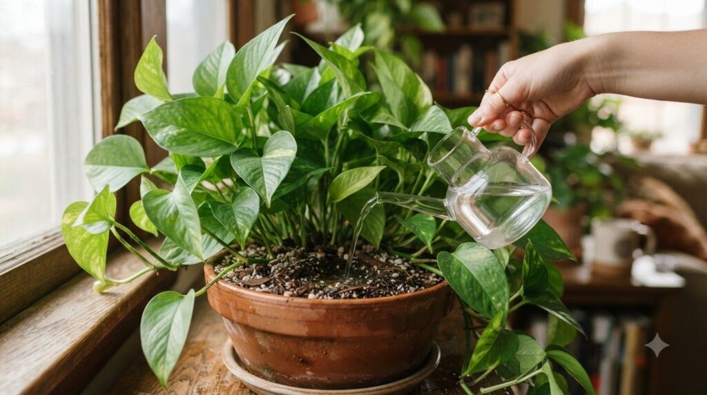 A close-up of a vibrant healthy houseplant possibly a Pothos or Philodendron with lush green leaves being gently watered
