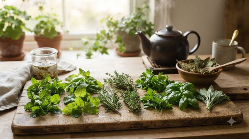 A vibrant array of fresh healthy green leaves some suitable for tea others for cooking displayed on a wooden cutting boa