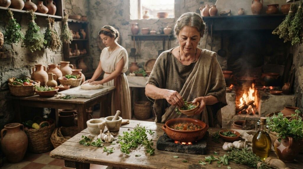 An ancient Greek or Roman scene depicting people using oregano perhaps in a kitchen or a traditional healing context ill