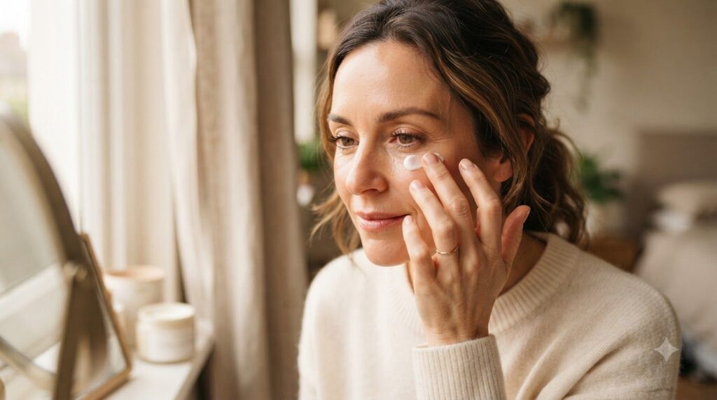 A woman gently dabbing a homemade Vaseline rice flour balm under her eye with her ring finger