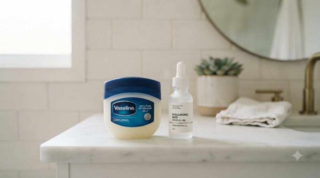 A jar of Vaseline petroleum jelly next to a small bottle of hyaluronic acid serum on a minimalist bathroom shelf